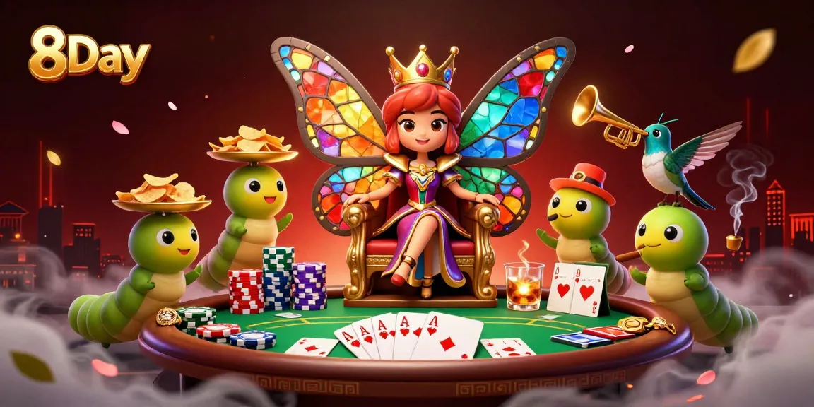 8Day's vibrant casino illustration showcases a butterfly queen in a dynamic poker scene with colorful chips and cards.