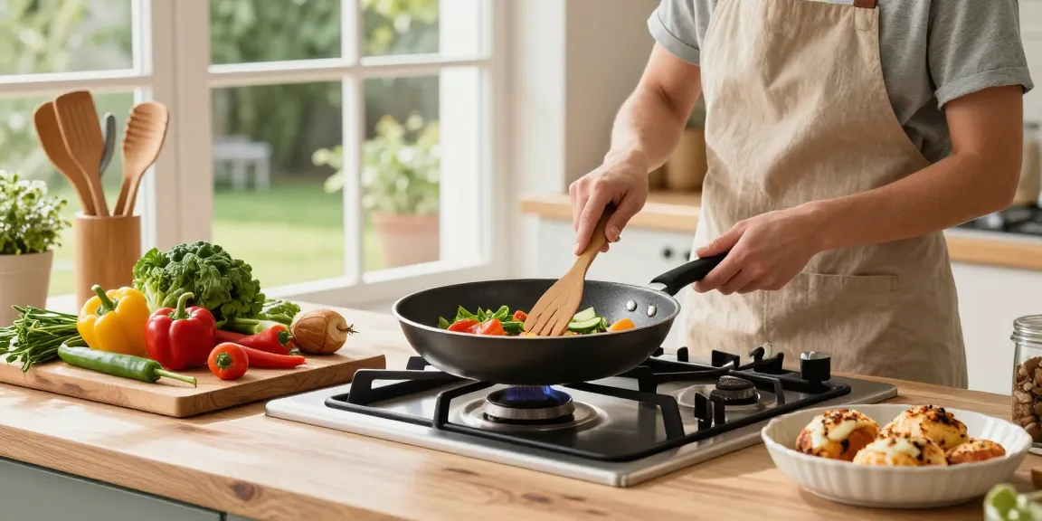 Koch bereitet eine gesunde Mahlzeit mit einer PTFE freien Pfanne, frischem Gemüse und lebendiger Küchenuatmosphäre vor.