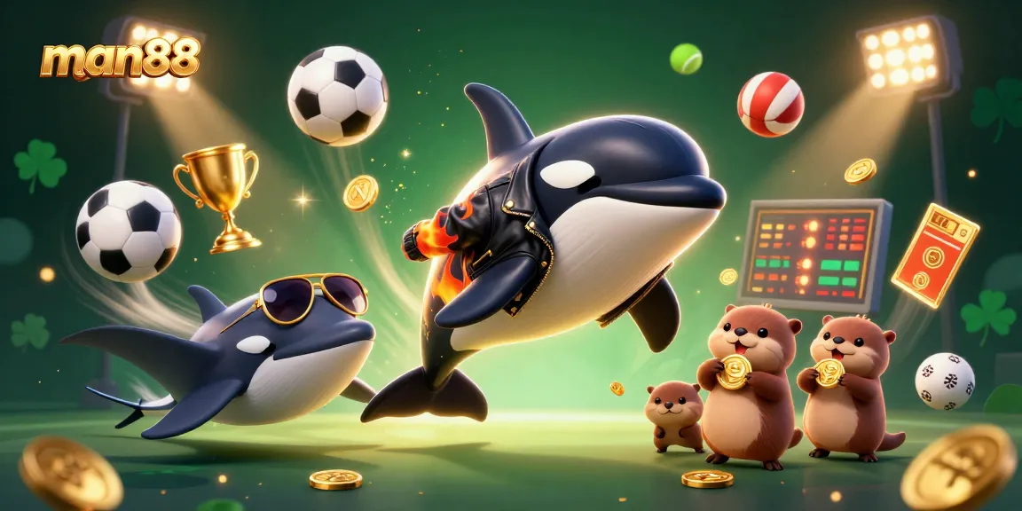 man88 engages bettors with dynamic sports action featuring playful sea creatures, golden trophies, and vibrant casino elements