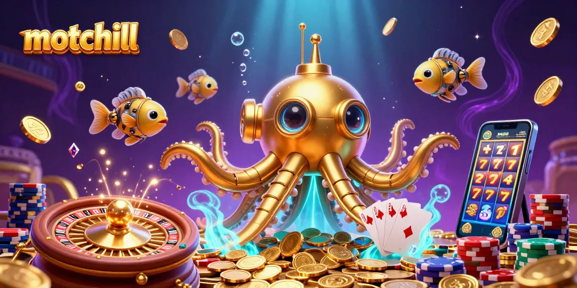 Experience the thrill of motchill with a golden kraken submarine amidst sparkling casino treasures.