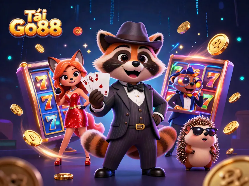 Win big and download Tải Go88 with vibrant casino characters, colorful slot reels, and dynamic elements.