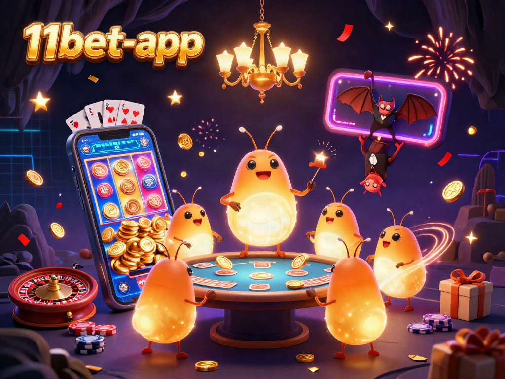Experience immersive gameplay with 11bet-app as glowworms illuminate a vibrant casino scene full of dynamic gambling elements.