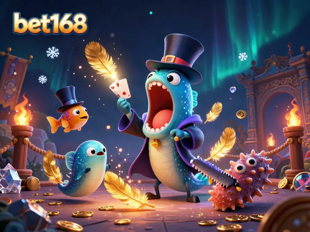 Experience thrilling gambling magic with bet168 featuring characters performing tricks and vibrant casino elements.