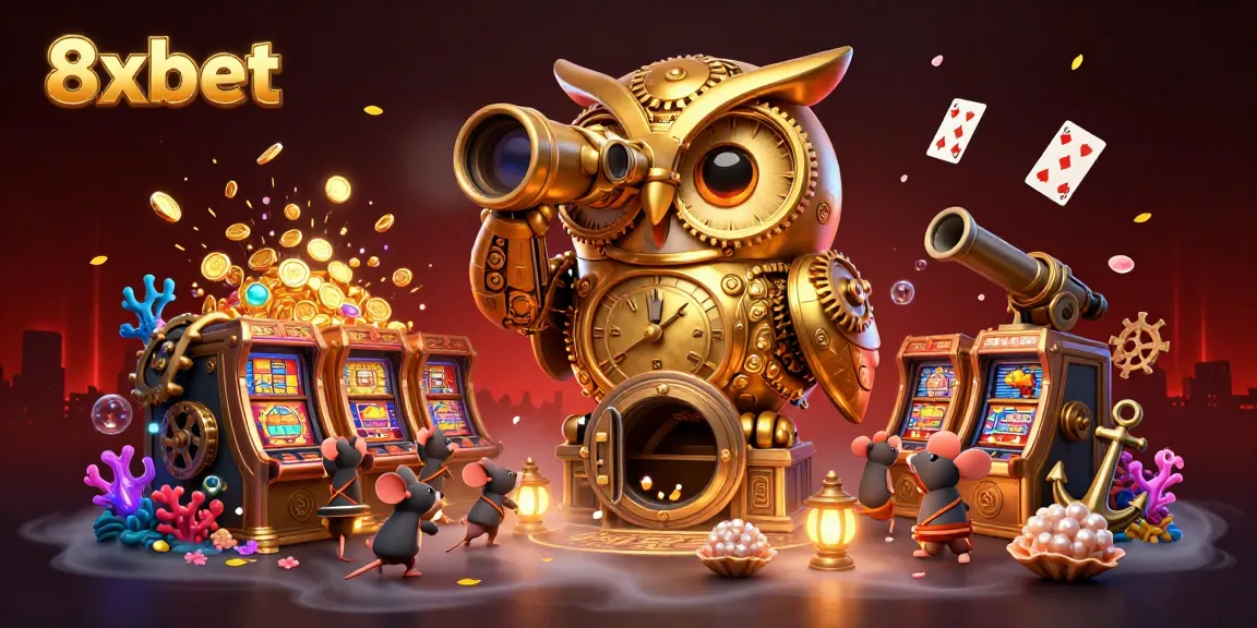 Experience the excitement of 8xbet with cartoon characters engaging in a lively casino atmosphere filled with games and treasures.