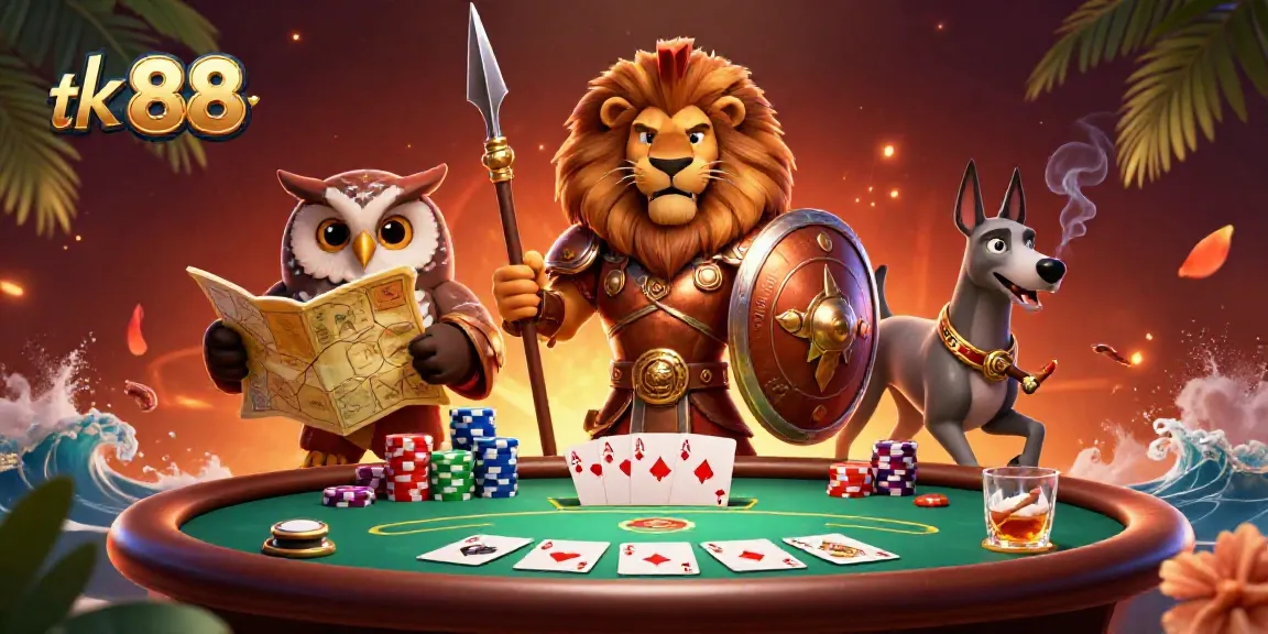 Engage in thrilling poker games at tk 88, illustrated with charismatic characters and dynamic casino elements.