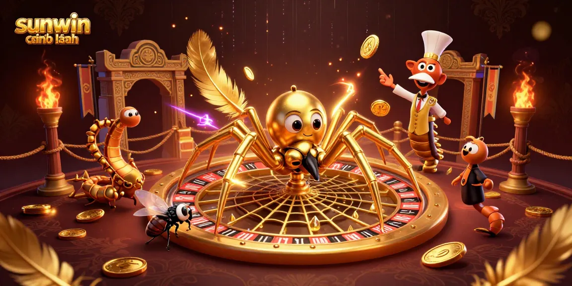 Engage with sunwin chính hãng as a golden spider spins a roulette wheel in this vibrant, dynamic casino scene.