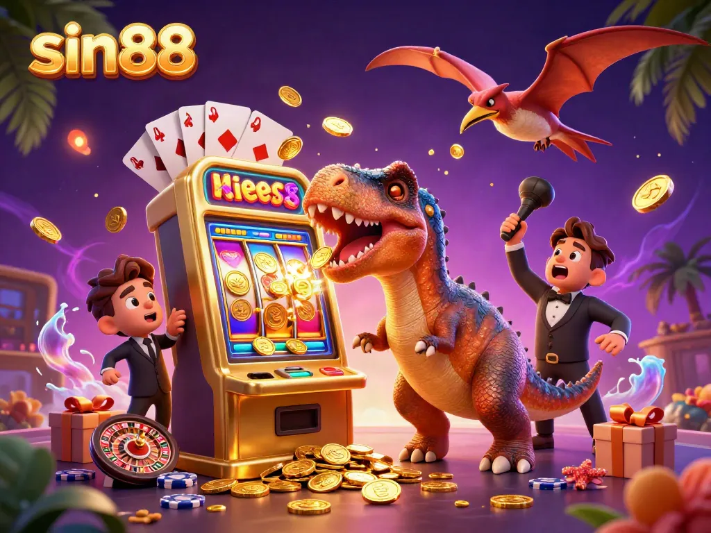 Experience sin88 excitement as a pachycephalosaurus wins jackpots in a vibrant casino scene