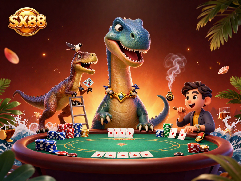 SX88 brings excitement to the table with a cartoon brontosaurus and raptor dealer amidst poker chaos.