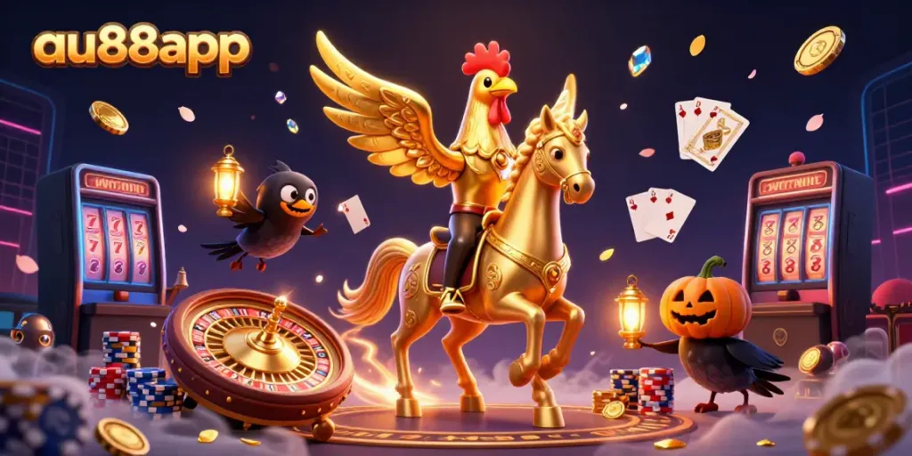 Experience the vibrant excitement of au88app with a golden rooster in a dazzling casino scene.