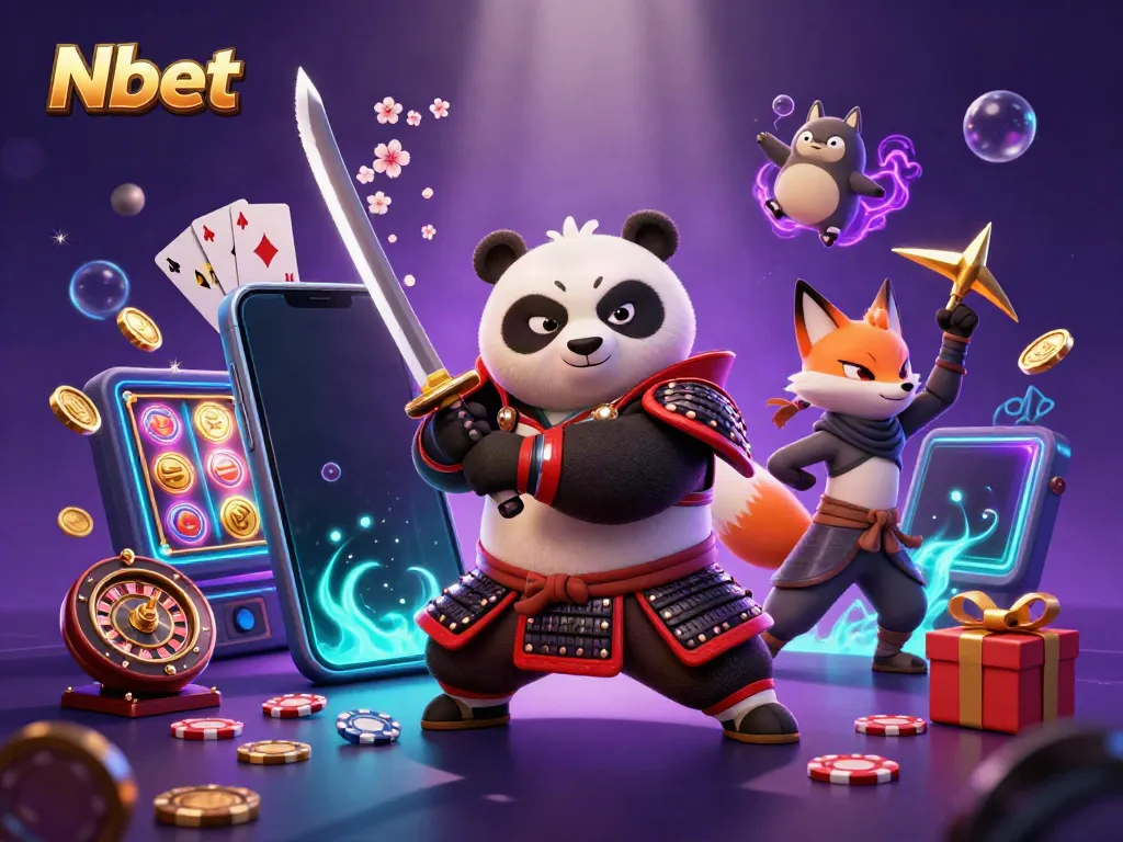Engaging Nbet gaming scene with samurai panda and ninja fox, showcasing dynamic casino elements