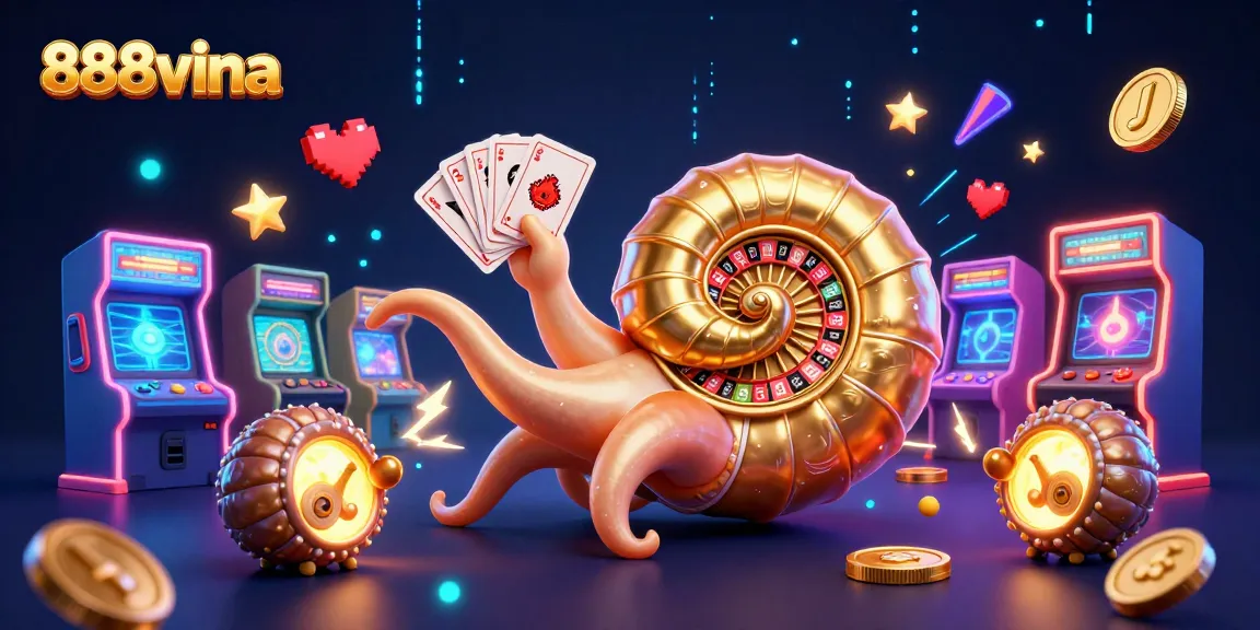 Experience thrilling gaming action with 888vina's vibrant casino illustration showcasing roulette, cards, and arcade elements.
