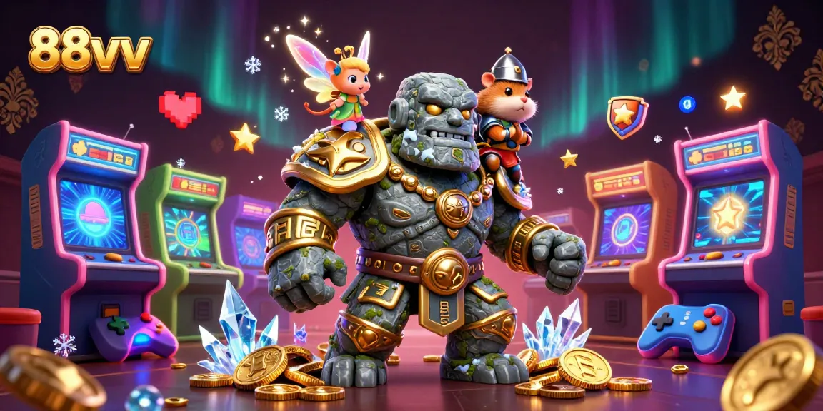 Experience the vibrant world of 88vv with a lively golem, fairy, and knight amidst exciting casino elements.