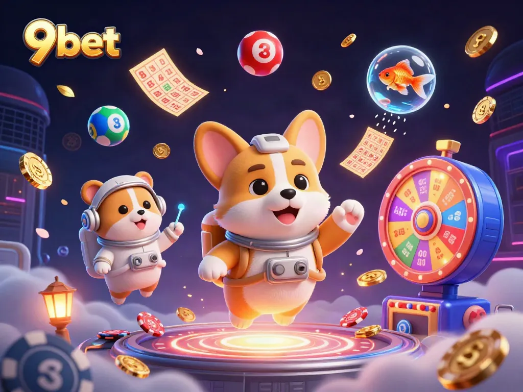 Experience the thrill of 9bet's immersive casino illustrated with a 3D cartoon astronaut corgi in space.