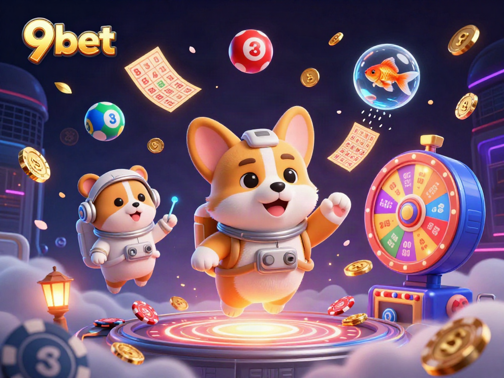 Experience the thrill of 9bet's immersive casino illustrated with a 3D cartoon astronaut corgi in space.