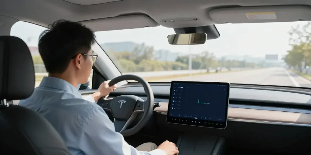Fahrschule Oerlikon: Moderne Fahrschule mit Fahrlehrer und Schüler in einem Fahrzeug, entspanntes Lernumfeld mit aktueller Technologie.