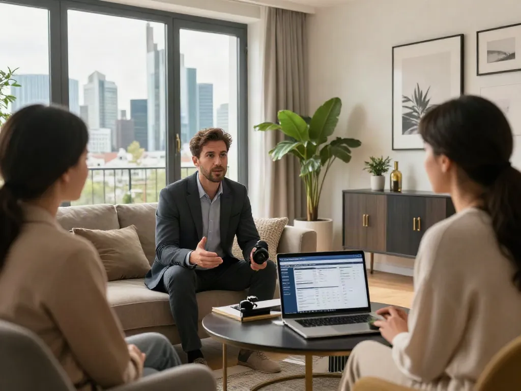 Bester Immobilienmakler Frankfurt in einem modernen Wohnraum, der potenziellen Käufern professionelle Beratung bietet.