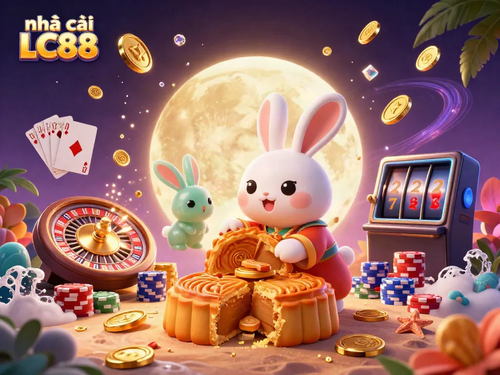 Engage with nhà cái LC88 as the moon rabbit celebrates gambling with golden mooncakes, poker chips, and vibrant casino elements.