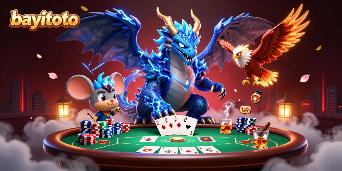 Engage with bayitoto, featuring a fierce dragon and hawk amidst vibrant poker elements.