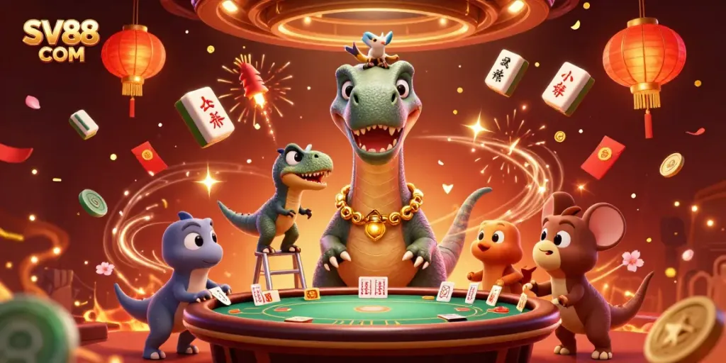 Engage in thrilling gaming at SV88 COM with a dazzling casino scene featuring vibrant characters and festive elements.