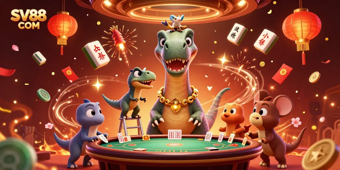 Engage in thrilling gaming at SV88 COM with a dazzling casino scene featuring vibrant characters and festive elements.