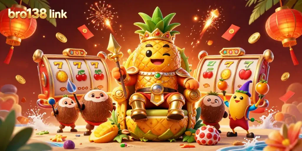 Experience the excitement of bro138 link with a vibrant beach casino scene featuring a pineapple king and slot reels.