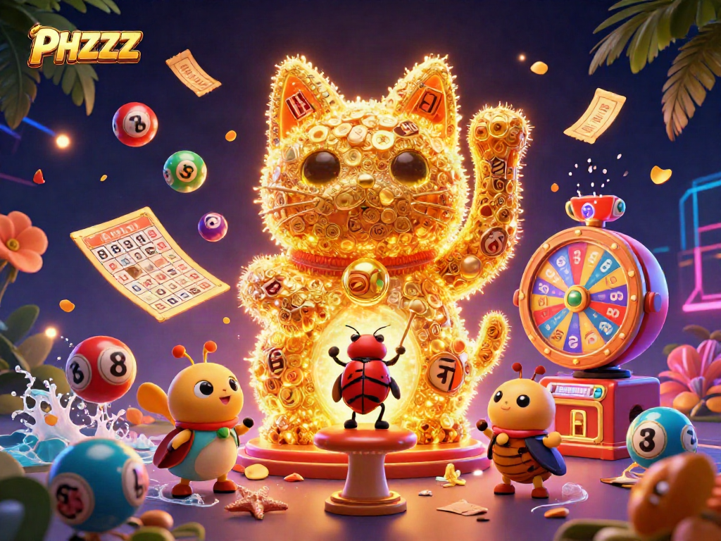 Engage in the thrilling world of PHZZZ with a vibrant casino scene featuring a lucky cat, lottery balls, and festive effects.