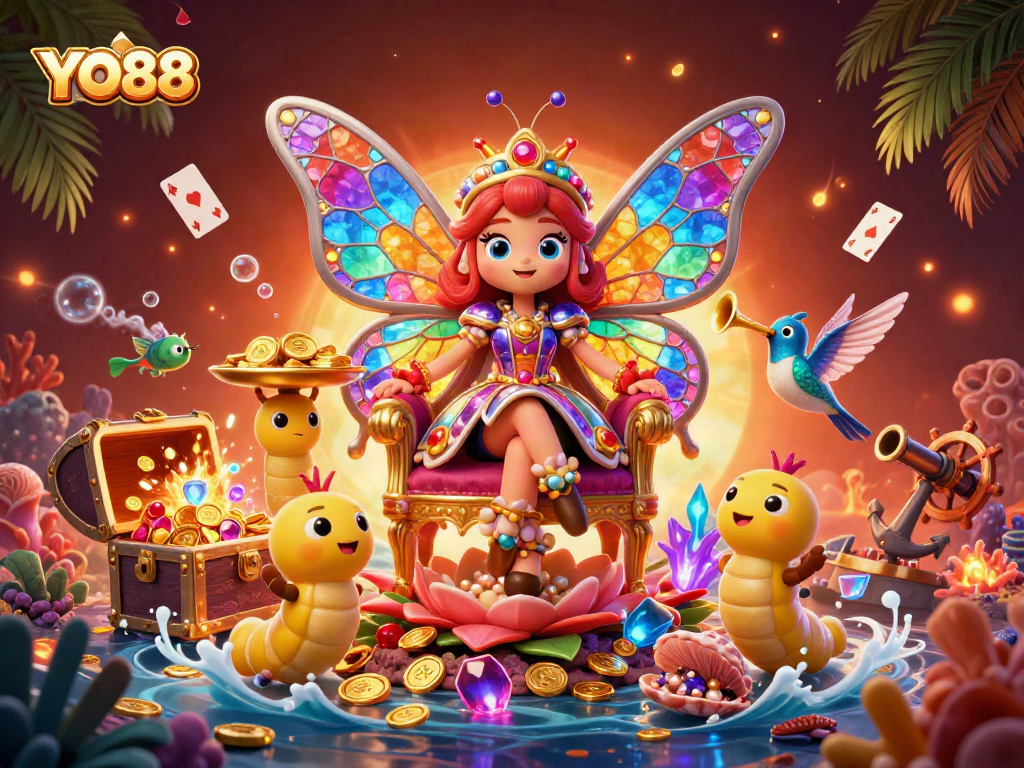 Engage in the world of YO88, captured in a vibrant 3D scene with a butterfly queen amidst casino excitement.