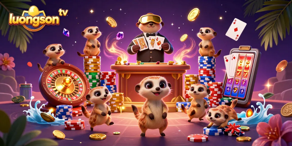 Experience exciting gambling action with luongson tv's vibrant casino-themed meerkat illustration.