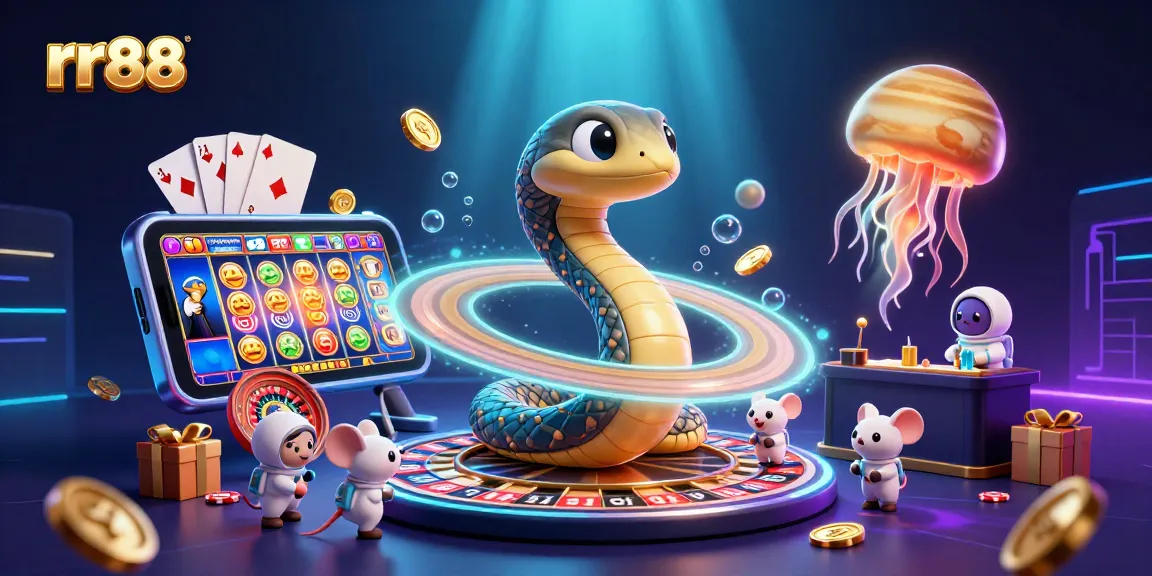 rr88 gameplay scene with a snake roulette wheel, astronaut mice betting, and a cosmic jellyfish dealer.