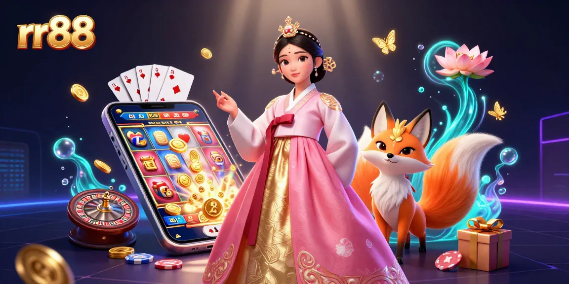Experience rr88's thrilling slot games illustrated with a graceful Asian woman, lucky fox, and dynamic casino elements.