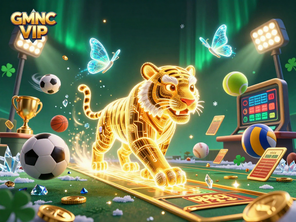 Bet on thrilling games at GMNC VIP, featuring a neon tiger in a vibrant casino landscape.