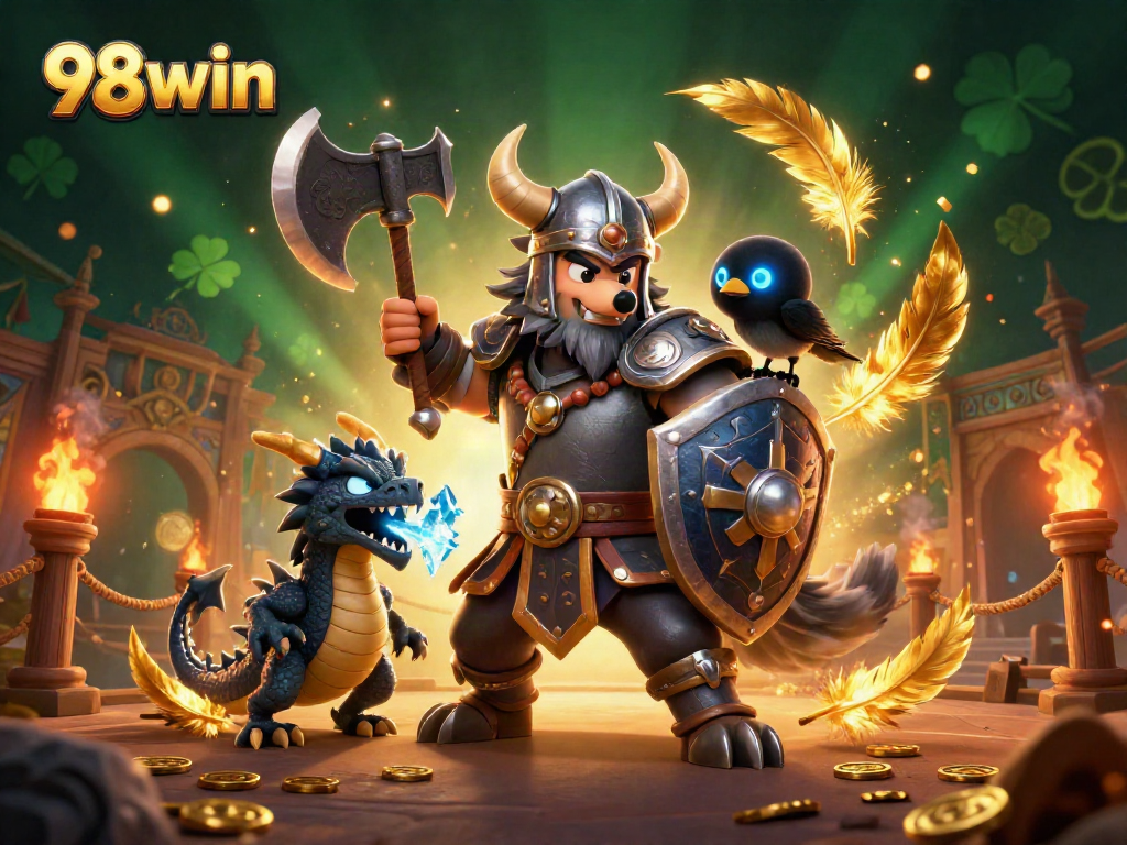 Experience the thrilling adventure of 98win with a Viking wolf warrior, dragon, and riches in a vibrant casino setting.