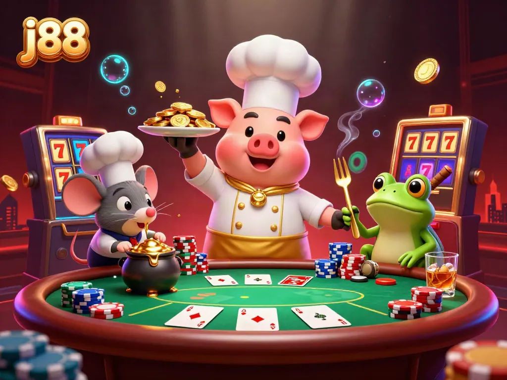 Experience j88's lively casino atmosphere with gold coins, characters, and gaming elements.