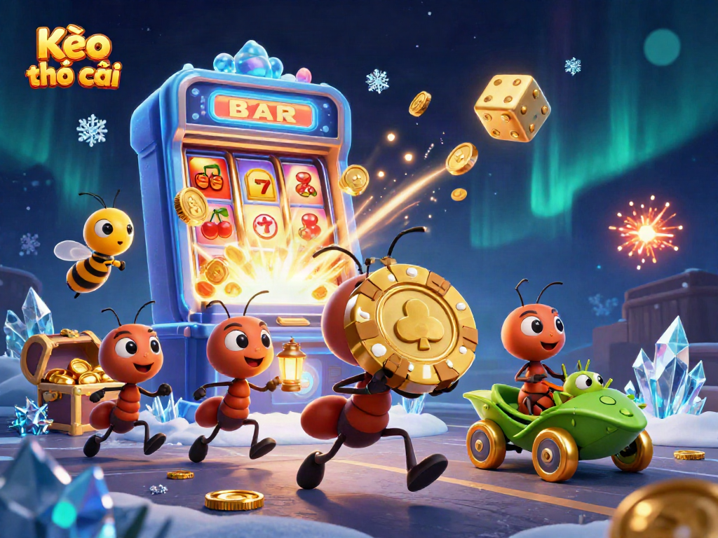 Kèo nhà cái theme with a team of ants executing a heist for a giant golden poker chip in a vibrant casino scene
