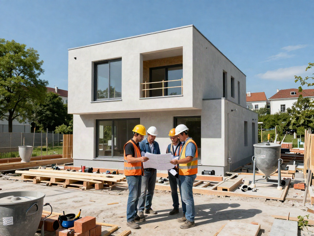 Haus Bauen Wien: Bauarbeiter am modernen Hausbau in Wien