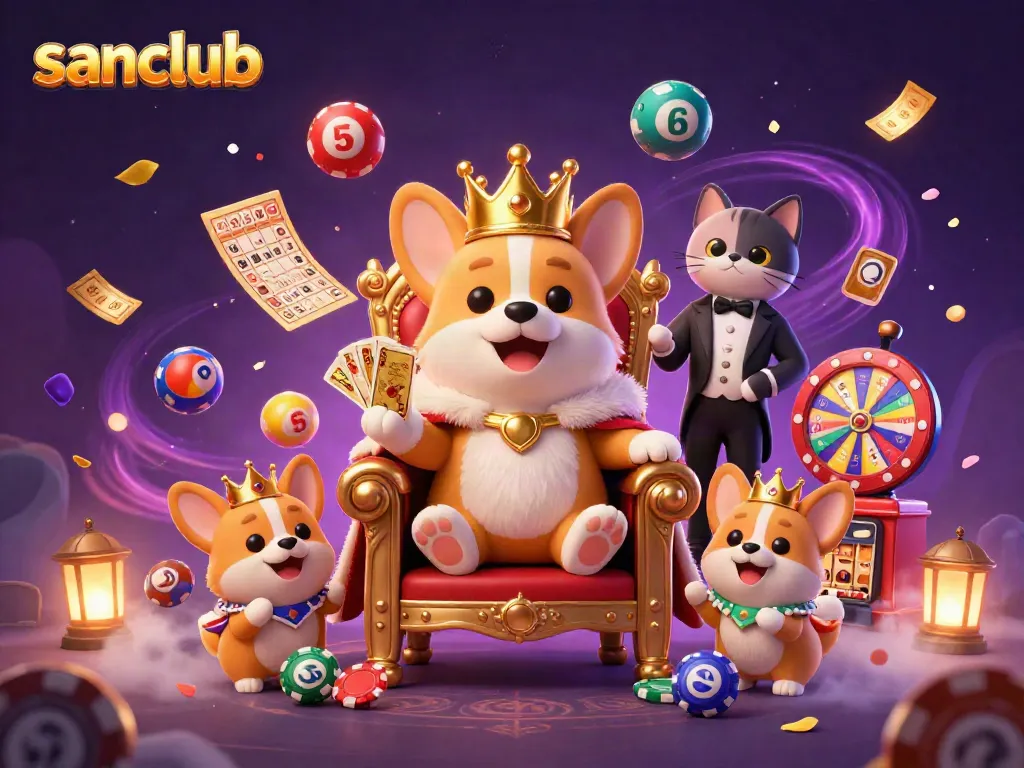 Experience the thrill of sanclub with a royal corgi and a cat butler in a vibrant casino scene.