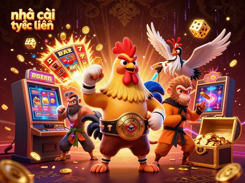 Experience the excitement of nhà cái trực tuyến with a dynamic illustration featuring cartoon characters and casino elements.