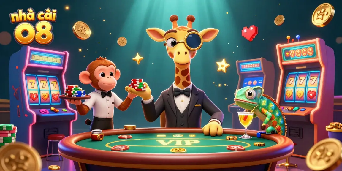 Experience the vibrant action at nhà cái o8 with a cartoon giraffe, monkey valet and chameleon bartender gaming in an exciting casino setting.