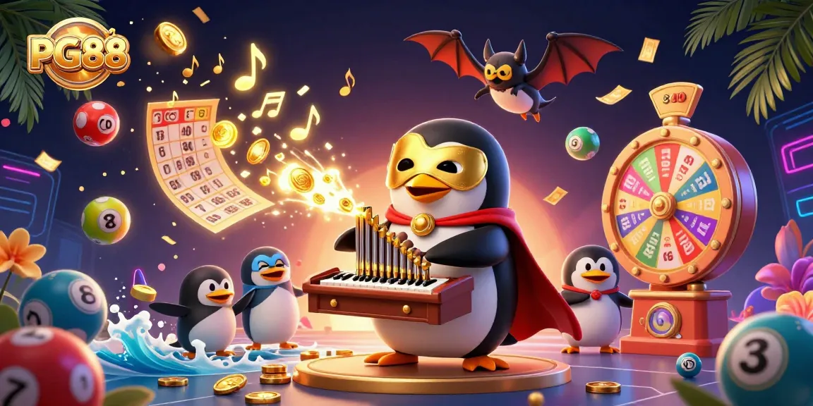 Experience thrilling gaming moments at PG88 with a dynamic illustration of a playful penguin organist in a vibrant casino.