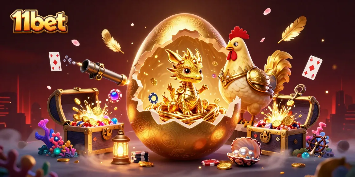 Play the thrilling games at 11bet with a baby dragon and golden poker chips.