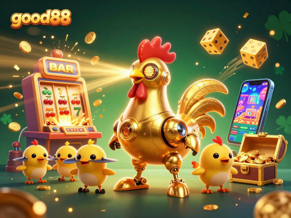 Experience thrilling adventures with good88's golden rooster robot and baby chick drones in an exciting casino scene!