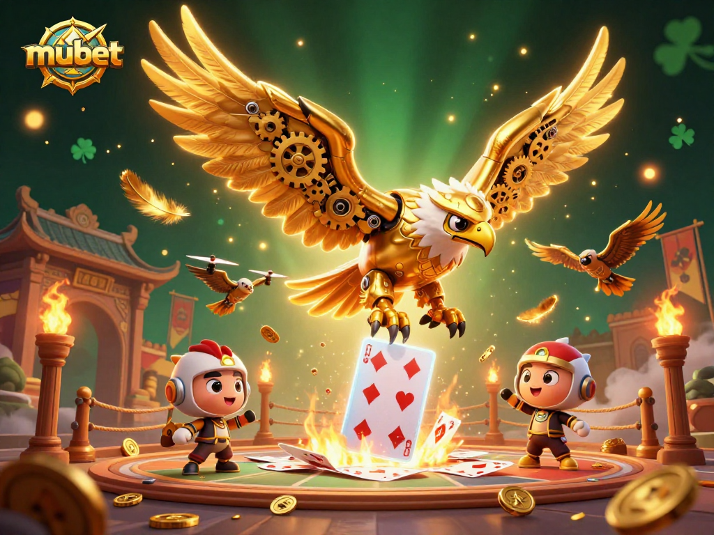 Mubet players unlocking rewards while betting amidst golden coins and holographic cards.