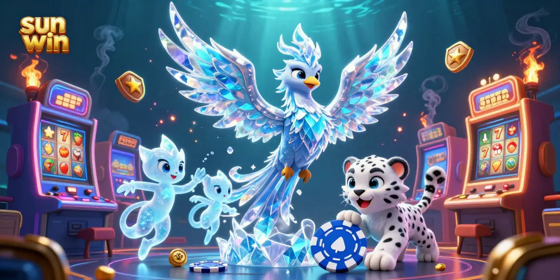 Engage in sun win casino thrills with 3D cartoon ice phoenix, playing snow leopard, and vibrant game elements.