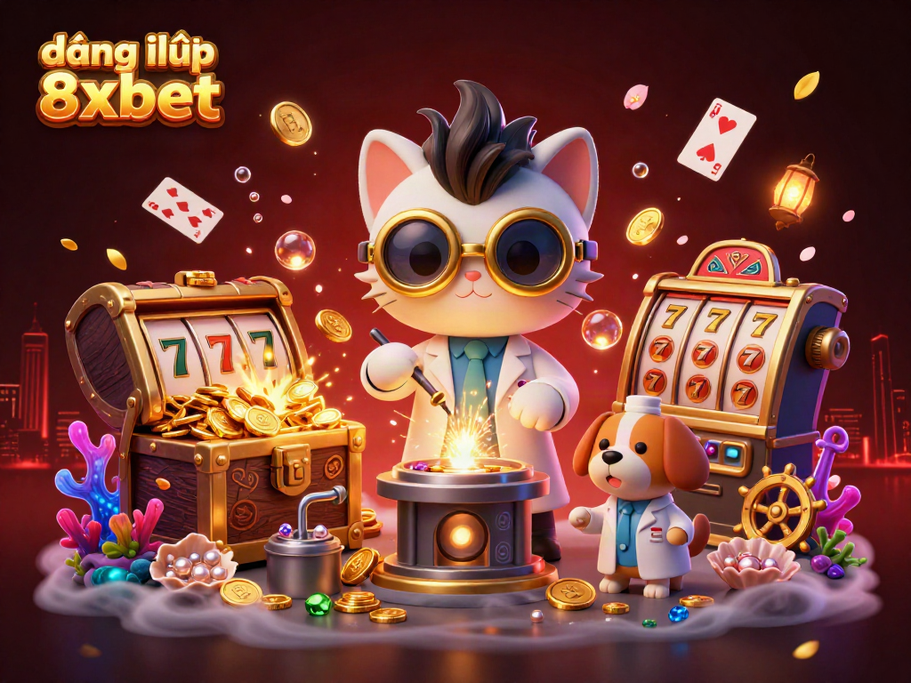 Engage in exhilarating gameplay at đăng nhập 8xbet with a bustling casino scene featuring a cartoon mad scientist and vibrant game elements.