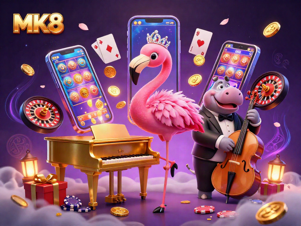 Engage with MK8's colorful slot games in an immersive casino illustration featuring lively characters.