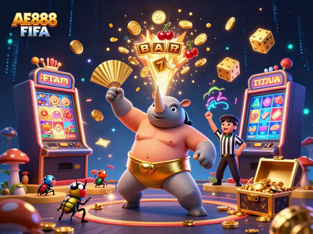 Experience the excitement of AE888 FIFA with a dynamic 3D casino scene featuring a sumo beetle champion amidst flying coins and jackpot elements.