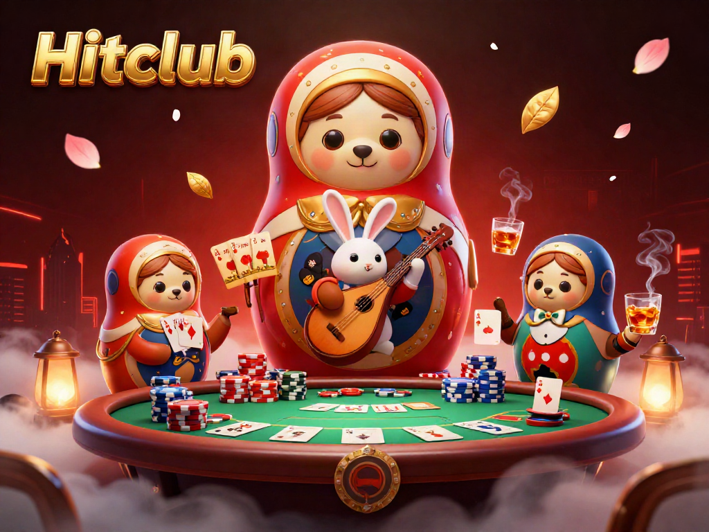 This vibrant illustration depicts Hitclub with bears in dealer outfits at a lively casino scene surrounded by poker elements.