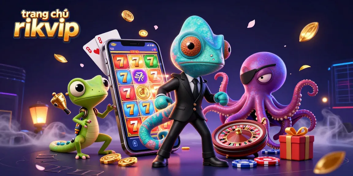 Win big at trang chủ rikvip with a vivid 3D casino illustration showcasing vibrant slot games and dynamic characters.