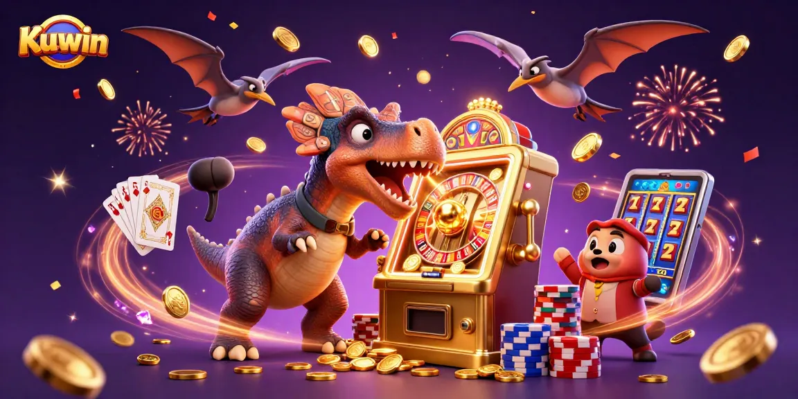 Kuwin offers a vibrant casino experience with pachycephalosaurus celebrating a jackpot win amidst golden coins.