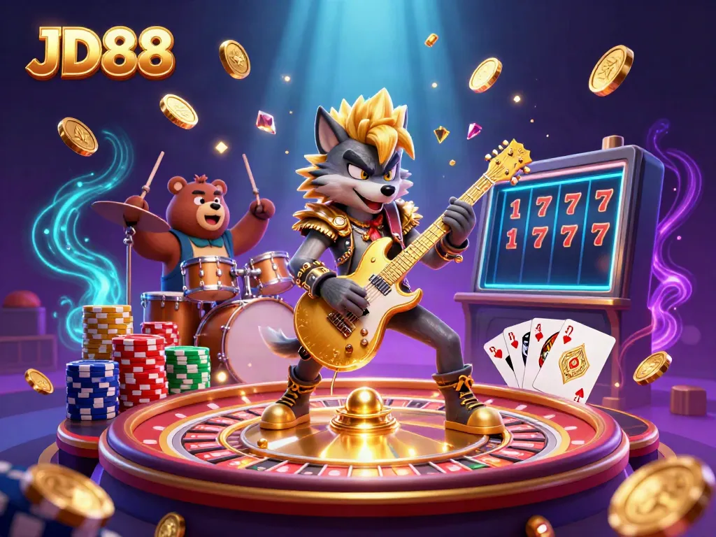 Engage with JD88's thrilling casino experience featuring vibrant 3D illustrations of action-packed gaming elements.